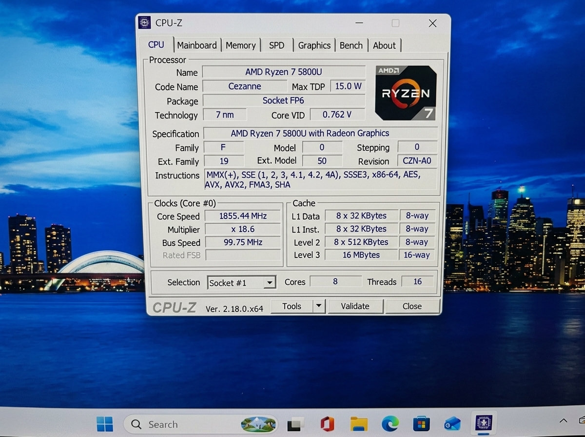CPU-Z: AMD Ryzen 7 5800U 8 core 16 thread